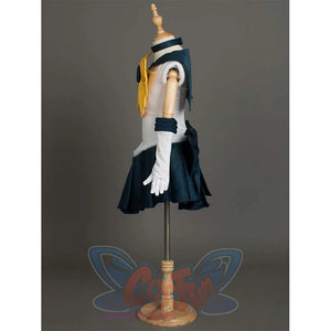 Side view of the Kid Cosplay Sailor Uranus costume on a mannequin, showcasing the yellow bow, white gloves, and the overall silhouette.