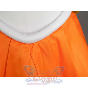 Close - up of the white waist trim and orange pleated skirt, highlighting the waist and skirt design.