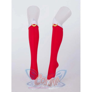 Red thigh - high stockings with gold crescent decorations, part of the Kid Cosplay Usagi Tsukino costume.