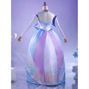 Back view of Guinevere cosplay costume showcasing corset lacing and multi-colored skirt details