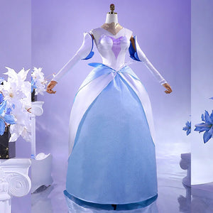 Knights of Guinevere cosplay costume featuring elegant blue and white princess ball gown with flowing sleeves
