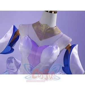 Detail of Guinevere cosplay costume bodice with golden neckline and white-blue sheer sleeves