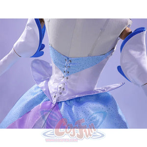 Back waist view of Guinevere cosplay costume showing adjustable corset lacing with blue trim