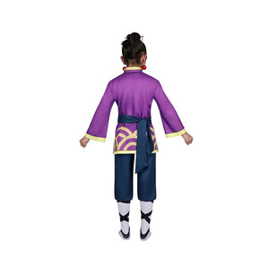 Back view of the Kung Fu Peach costume, featuring purple jacket with blue sash and golden patterns, paired with blue pants.