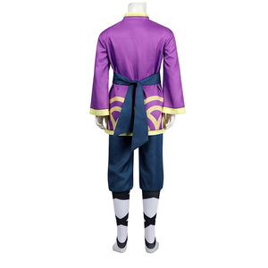 Back view of Kung Fu Peach costume on mannequin, featuring purple jacket with blue sash and golden patterns.