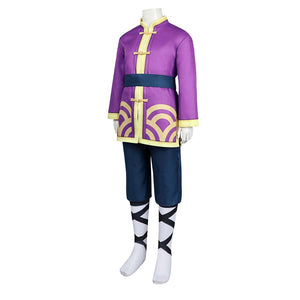 Detailed front view of Kung Fu Peach costume on mannequin, emphasizing yellow trim and golden patterns on purple jacket.