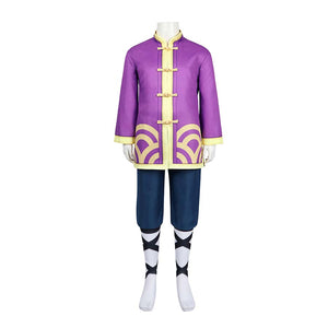 Front view of Kung Fu Peach costume on mannequin, emphasizing golden buttons and patterns on purple jacket.