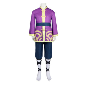 Kung Fu Peach costume on mannequin, highlighting purple jacket with golden patterns, blue pants, and black - white leg wraps.