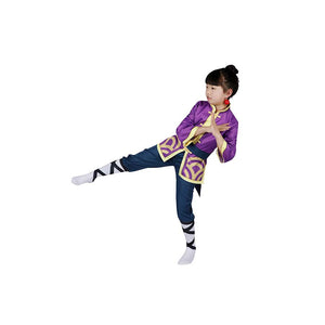 Kung Fu Peach costume presented in a martial arts stance, emphasizing purple jacket with golden patterns and blue pants.