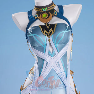 Features the detailed chest armor, blue - green accents, and strap - hanging charms, emphasizing the costume’s craftsmanship.