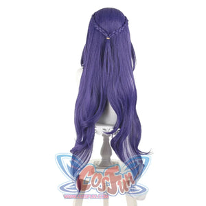 Back view of the Lauma cosplay wig, showcasing the long purple waves, gradient ends, and braided top detail.