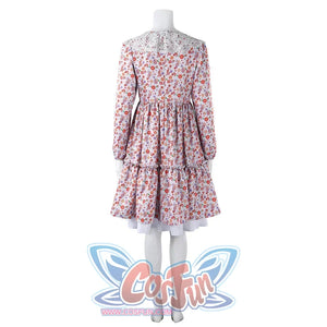 Laura cosplay floral dress back view showing lace collar detail and long balloon sleeves.