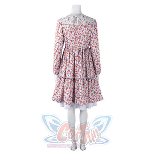 Laura cosplay floral dress back view showing lace collar detail and long balloon sleeves.