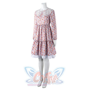 Laura cosplay floral dress three-quarter view showing lace collar and tiered ruffle skirt design.