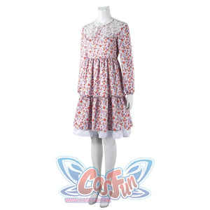 Laura cosplay floral dress three-quarter view showing lace collar and tiered ruffle skirt design.