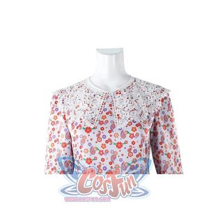 Laura cosplay dress close-up of white lace collar and floral print bodice with long sleeves.