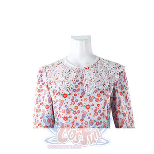 Laura cosplay dress close-up of white lace collar and floral print bodice with long sleeves.