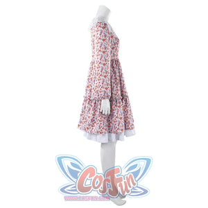 Laura cosplay floral dress side profile highlighting long sleeve and tiered ruffle hem detail.