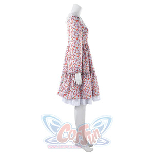 Laura cosplay floral dress side profile highlighting long sleeve and tiered ruffle hem detail.