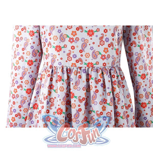 Laura cosplay dress skirt detail showing colorful paisley and floral print pattern with waist.