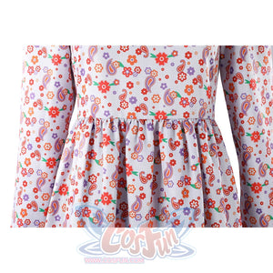 Laura cosplay dress skirt detail showing colorful paisley and floral print pattern with waist.