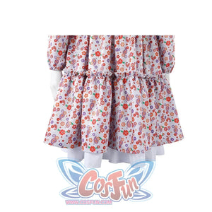 Laura cosplay dress tiered skirt with floral print and white ruffle hem underskirt detail.