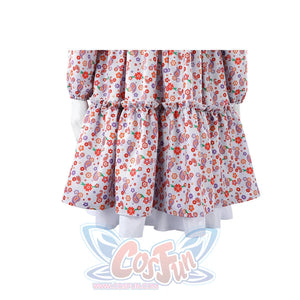 Laura cosplay dress tiered skirt with floral print and white ruffle hem underskirt detail.