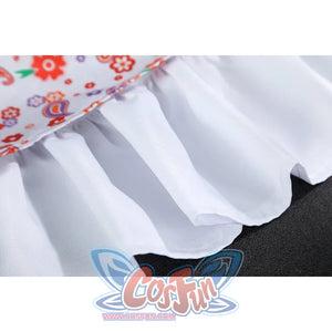 Laura cosplay dress close-up of white tiered ruffle hem underskirt edge detail with texture.