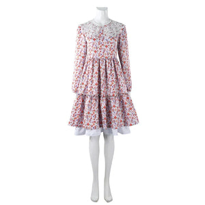 Laura cosplay full-length floral dress with lace collar, long sleeves, and tiered ruffle skirt.