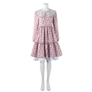 Laura cosplay full-length floral dress with lace collar, long sleeves, and tiered ruffle skirt.