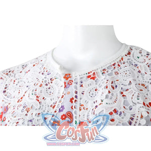Laura cosplay dress intricate white lace collar detail with delicate floral pattern stitching.