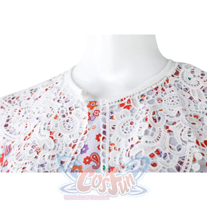 Laura cosplay dress intricate white lace collar detail with delicate floral pattern stitching.