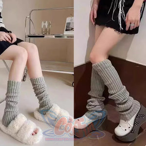 Gray ribbed knit leg warmers styled with fuzzy slippers and platform Mary Jane shoes