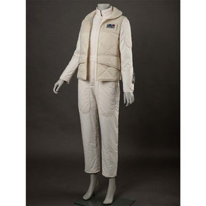 Side view, emphasizing the overall design. Highlights the quilted pattern of the vest and jumpsuit, along with the rank insignia.