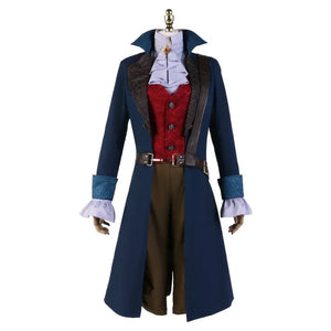 Full-front display of the Lies of P cosplay costume, featuring a blue coat, red vest, ruffled shirt, brown pants, and decorative straps.