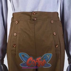 Close-up of the bronze buttons on the brown pants of the Lies of P cosplay costume, paired with a light purple shirt.