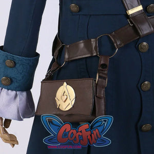 Close-up of the brown leather pouch with a golden emblem on the Lies of P cosplay costume, attached to the belt.