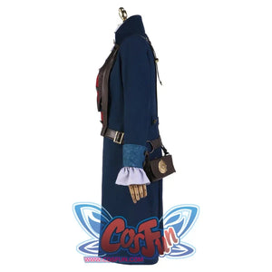 Side display of the Lies of P cosplay costume, showcasing the blue coat, brown pants, and the attached brown pouch with a golden emblem.