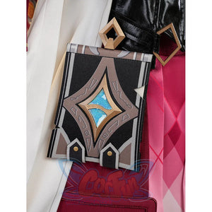 Genshin Impact Linnea cosplay book bag accessory with gold diamond gem close-up