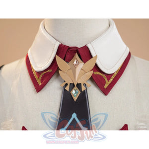 Genshin Impact Linnea cosplay collar detail with golden bird brooch and dark tie close-up