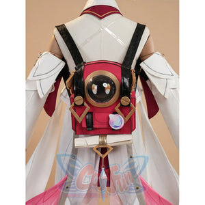 Genshin Impact Linnea cosplay back view with red round Nod-Krai backpack on costume