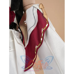 Genshin Impact Linnea cosplay red shoulder cape with gold trim and white coat close-up