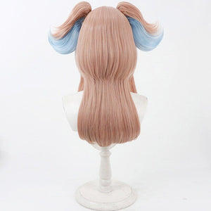 Linnea cosplay wig back view displaying smooth pink-brown hair with blue-highlighted twin pigtails on mannequin