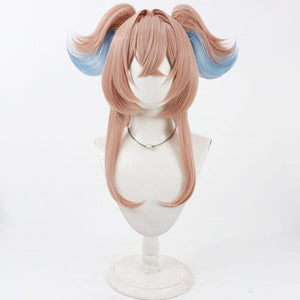 Linnea cosplay wig front view, pink-brown hair with blue highlights and twin pigtails on mannequin