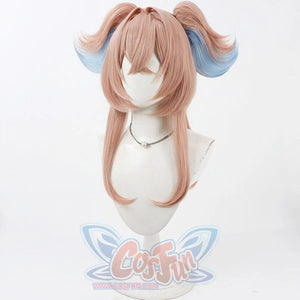 Linnea cosplay wig angled front view showing full-length pink-brown hair with blue-highlighted twin pigtails on mannequin