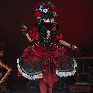 Little Girl cosplay dress back view with red bow sash, black scroll embroidery, white lace hem, and floral rose headpiece