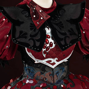 Miss Pomegranate Little Girl cosplay bodice detail with black embroidered collar, red gem embellishments, and silver scroll piece