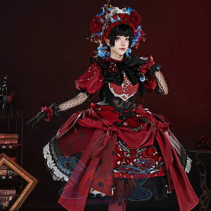 Little Girl cosplay outfit with floral red rose headpiece, black collar bodice, puffed sleeves, and layered polka dot skirt