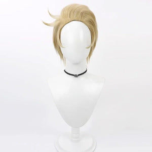 Hazbin Hotel Lucifer Morningstar cosplay wig, short blonde hair side swept, front view