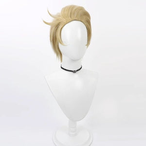 Hazbin Hotel Lucifer Morningstar cosplay wig, short blonde side-swept hair, angled view